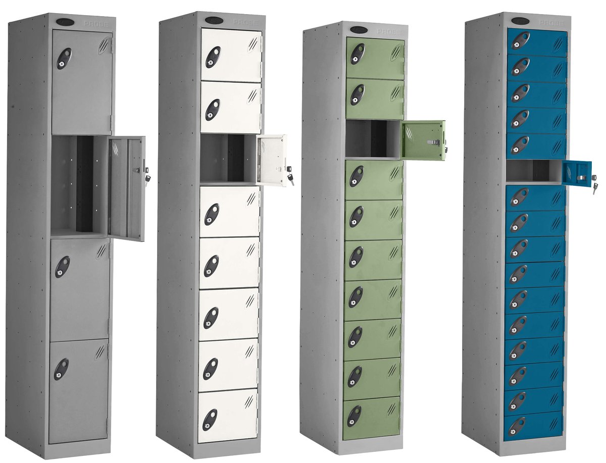 Four Probe laptop lockers in grey, white, green and blue with varying compartment sizes and one door open on each